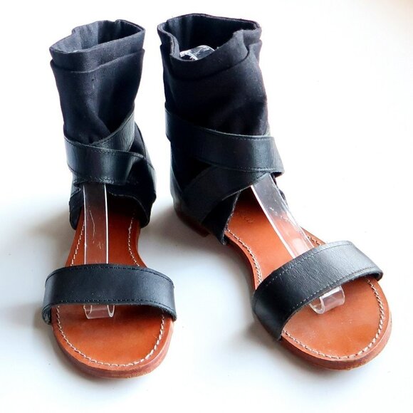 Mellow Yellow Black Leather & Linen Flat Gladiator Sandals Open Toe Summer Shoes - Picture 4 of 16